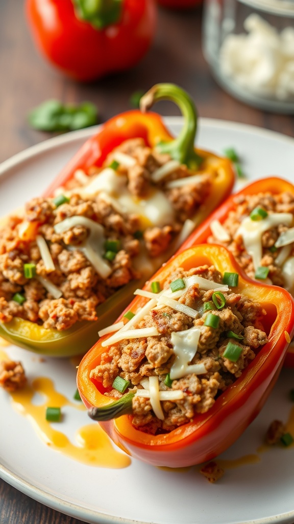 Plate of cheesy stuffed peppers filled with meat and cheese