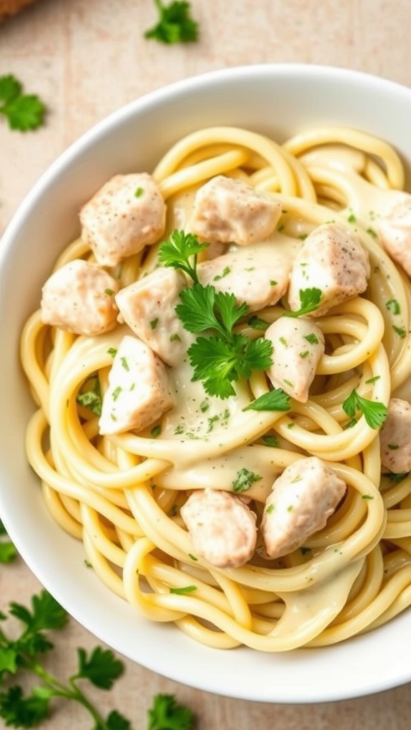 A bowl of Keto Chicken Alfredo with chicken pieces on a bed of pasta, garnished with fresh herbs.