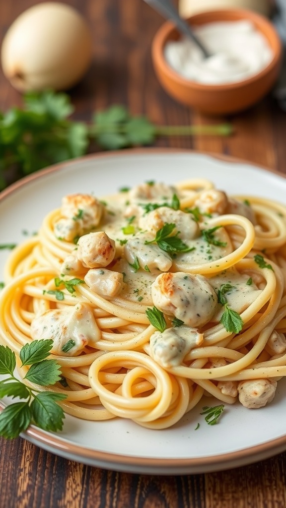 A plate of Keto Chicken Alfredo with pasta and garnished with parsley.