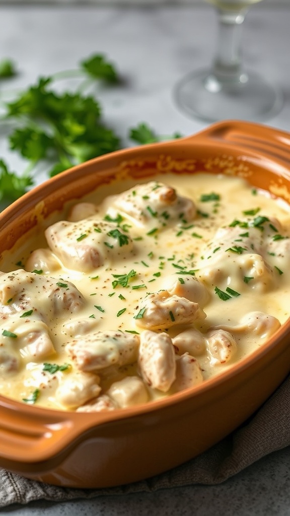 A creamy chicken alfredo bake in a casserole dish, garnished with parsley.