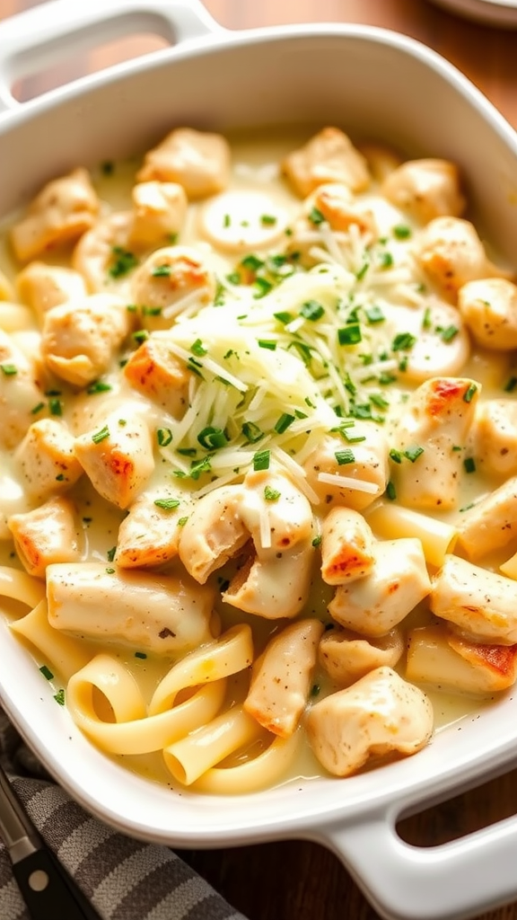 A close-up view of a creamy chicken Alfredo casserole topped with herbs.