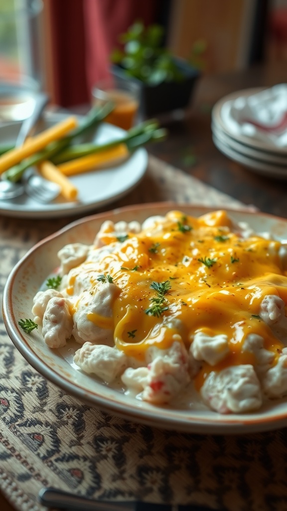 A delicious Keto Chicken Alfredo Casserole topped with melted cheese and garnished with parsley.