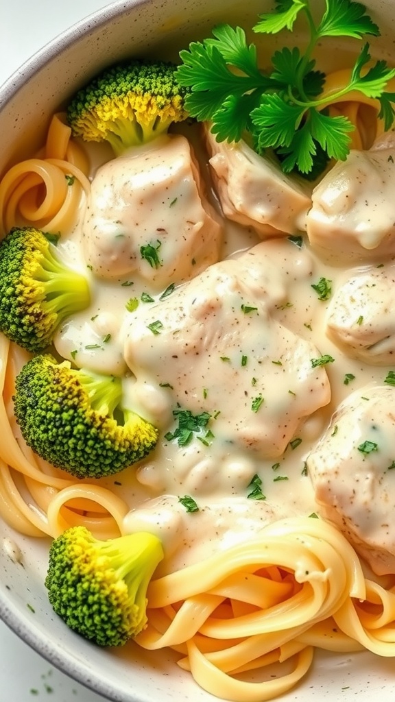 A bowl of Chicken Alfredo with broccoli, featuring creamy sauce and pasta.