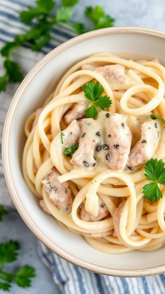 A bowl of creamy Chicken Alfredo with Shirataki noodles garnished with parsley.