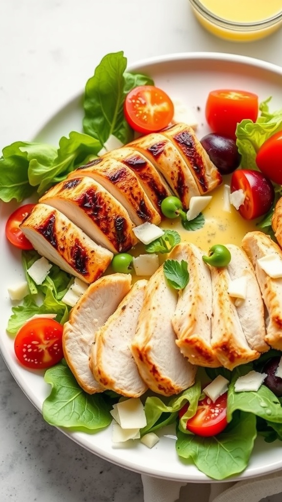 A plate of sliced grilled chicken on a bed of greens, cherry tomatoes, and Parmesan cheese.