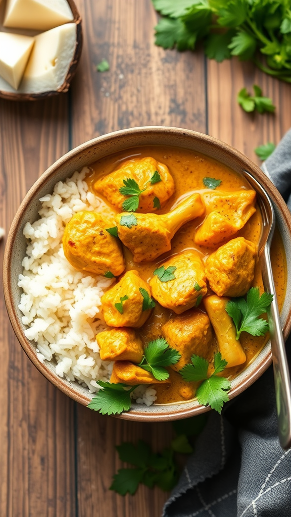 A bowl of Keto Chicken Curry with coconut milk and rice, garnished with cilantro.