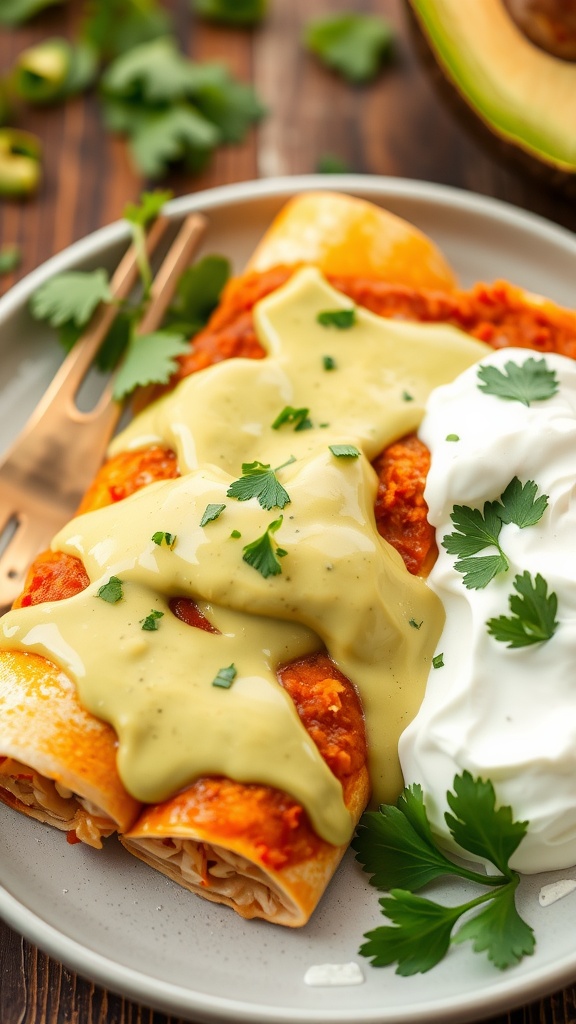 Keto chicken enchiladas with avocado sauce garnished with cilantro