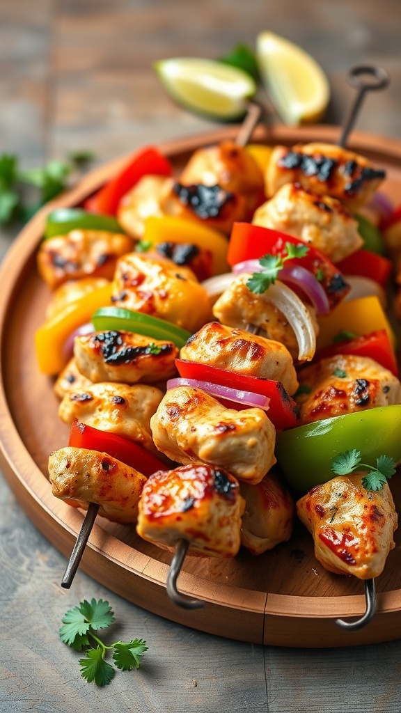 A plate of grilled chicken fajita skewers with colorful peppers and onions.