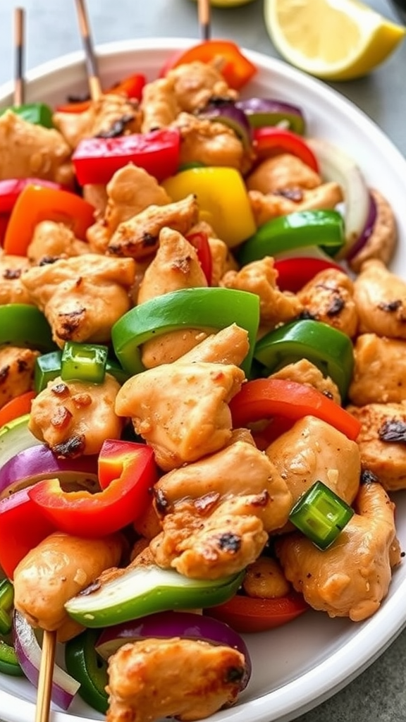 Plate of grilled chicken fajita skewers with colorful bell peppers and onions