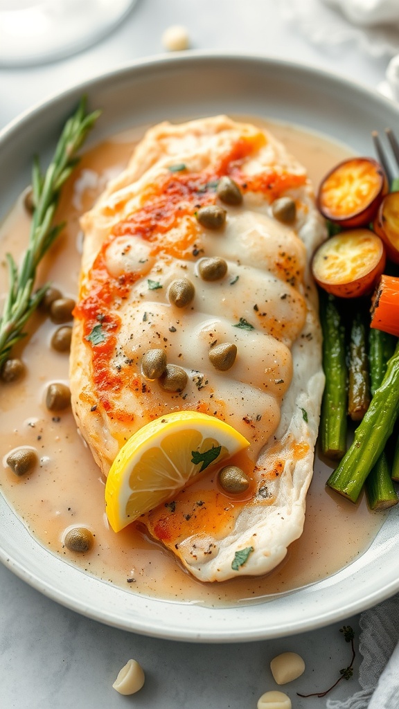 A plate of Keto Chicken Piccata with chicken, capers, and vegetables.