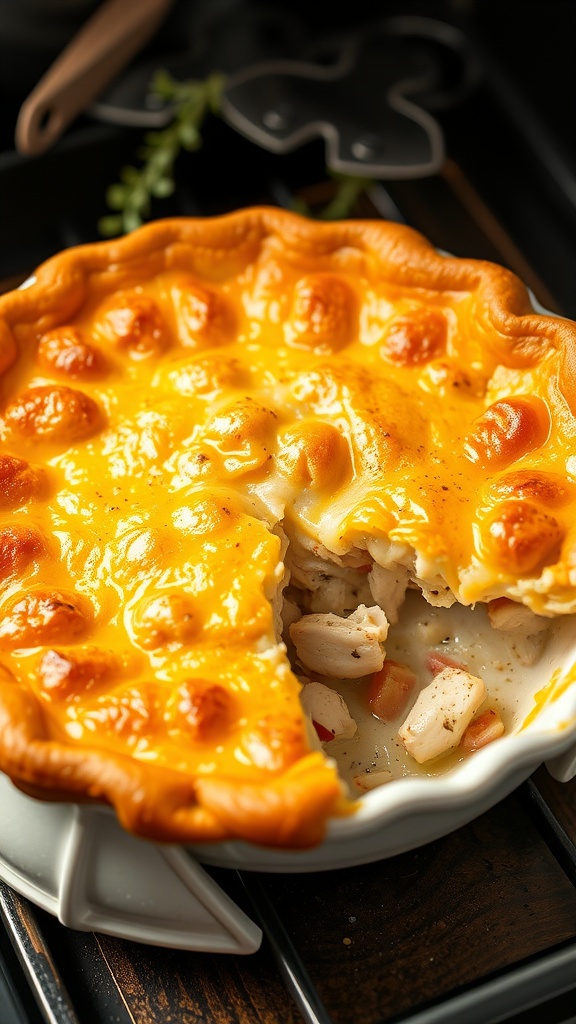 A delicious keto chicken pot pie with a golden crust and creamy filling