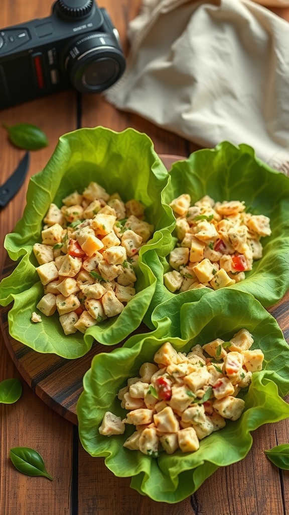 Three lettuce wraps filled with chicken salad on a wooden plate.