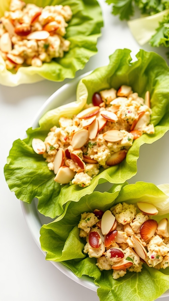 Keto chicken salad served in lettuce wraps with almonds.