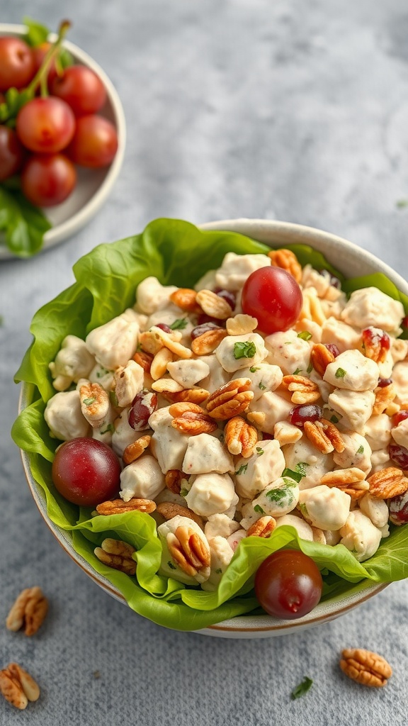 A bowl of keto chicken salad with grapes and pecans on a bed of lettuce