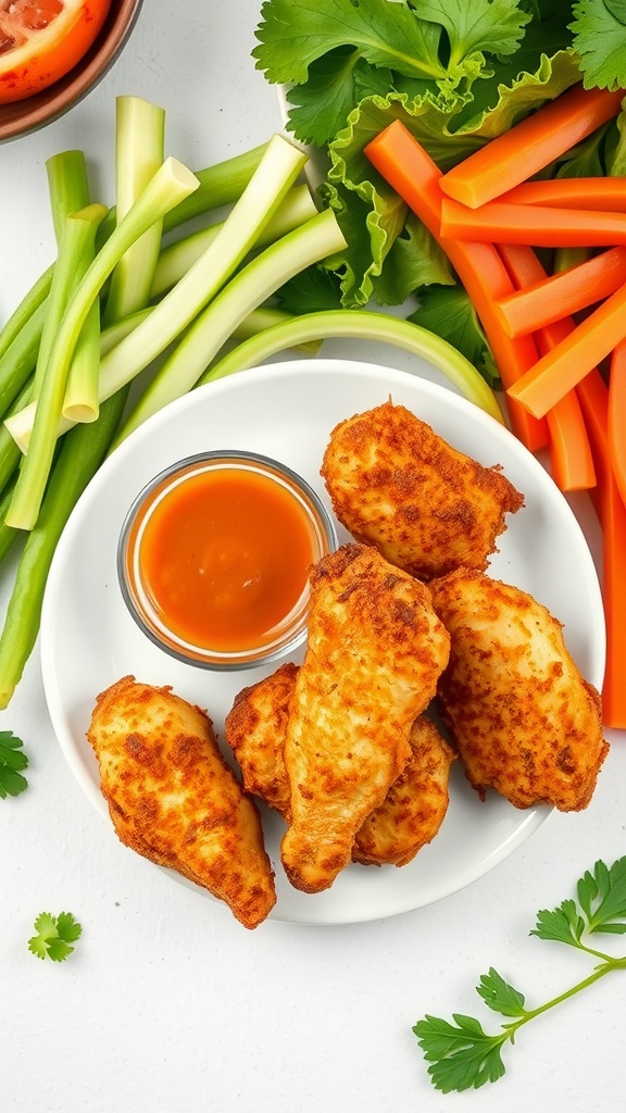 Keto chicken tenders on a plate with dipping sauce and fresh vegetables.