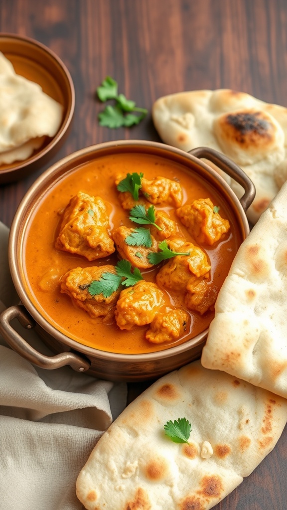 A bowl of Chicken Tikka Masala garnished with cilantro, beside pieces of naan bread.