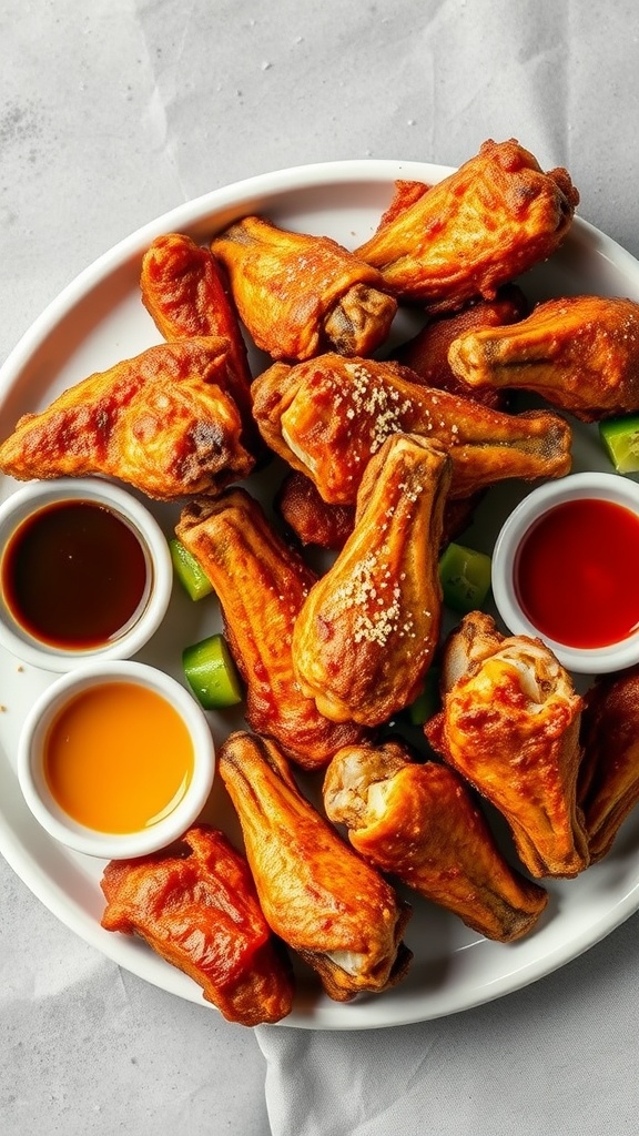 A platter of crispy chicken wings with three dipping sauces and chopped green vegetables.