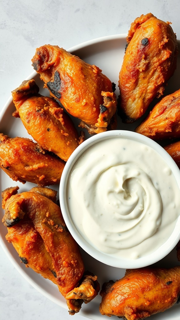 A plate of crispy keto chicken wings with a bowl of blue cheese dip