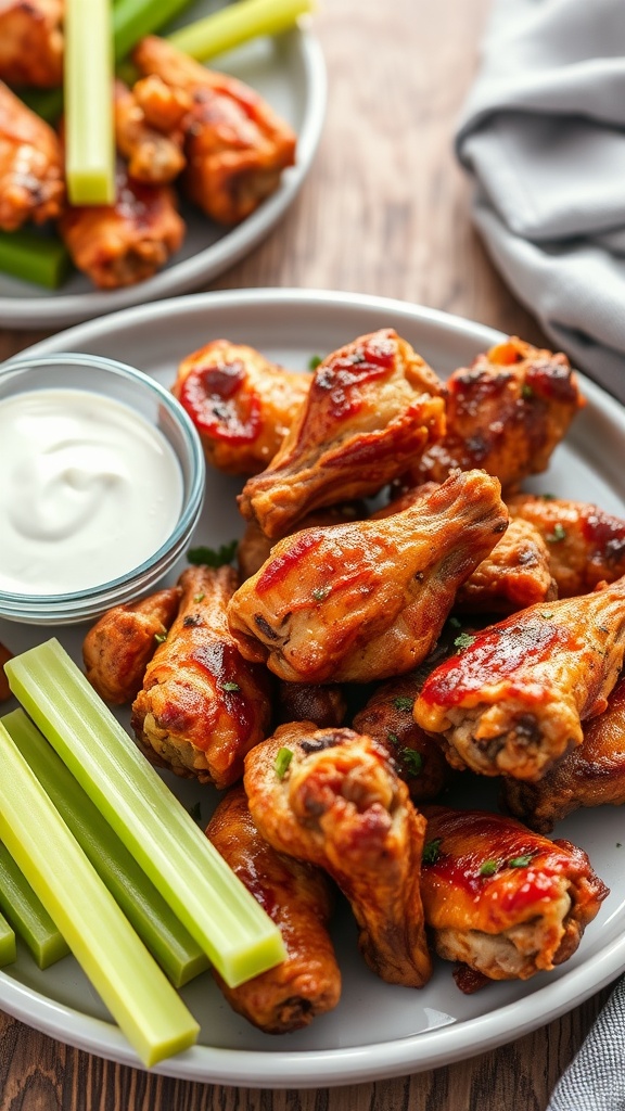 A plate of keto chicken wings with celery and dipping sauce.