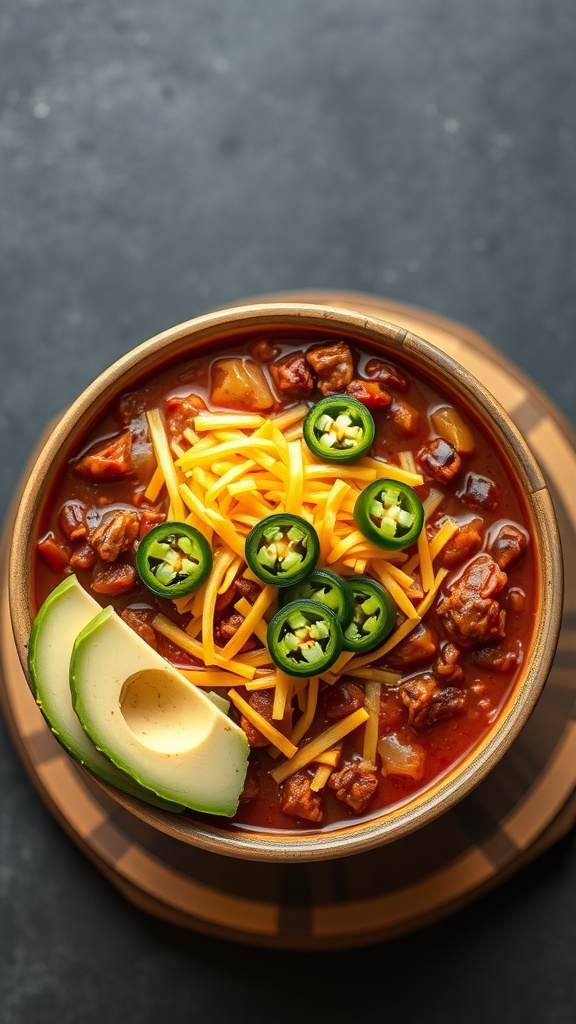 A bowl of hearty keto chili topped with cheese, jalapeños, and avocado slices.