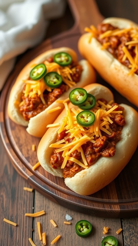 Delicious keto chili cheese dogs topped with cheese and jalapeños on a wooden platter.