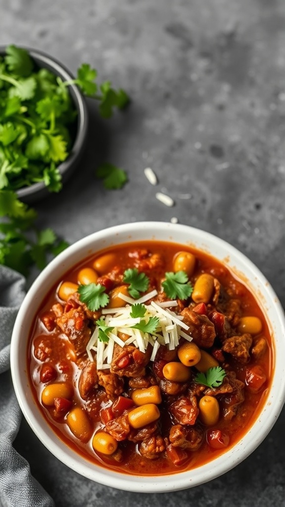 A bowl of Keto Chili Con Carne topped with cilantro and cheese, surrounded by fresh herbs.