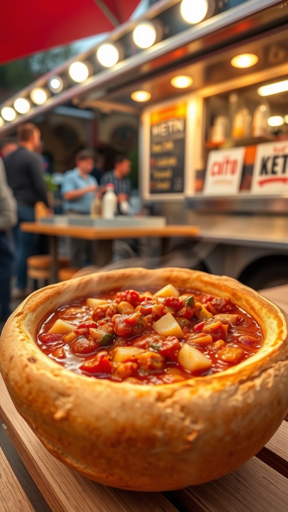 A steaming bowl of chili served in a bread bowl, with a food truck in the background.