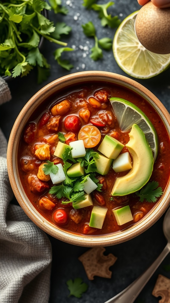 Bowl of keto chili topped with avocado, cilantro, and lime slices