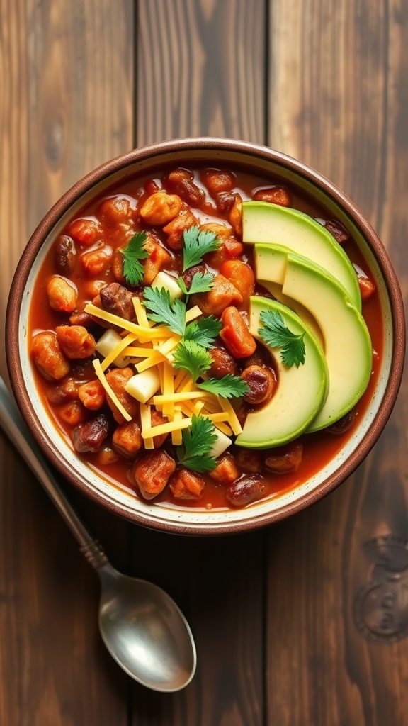 A bowl of keto chili with ground beef, topped with avocado slices, cheese, and cilantro.