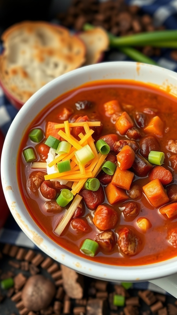 A bowl of keto chili with ground beef, garnished with cheese and green onions.