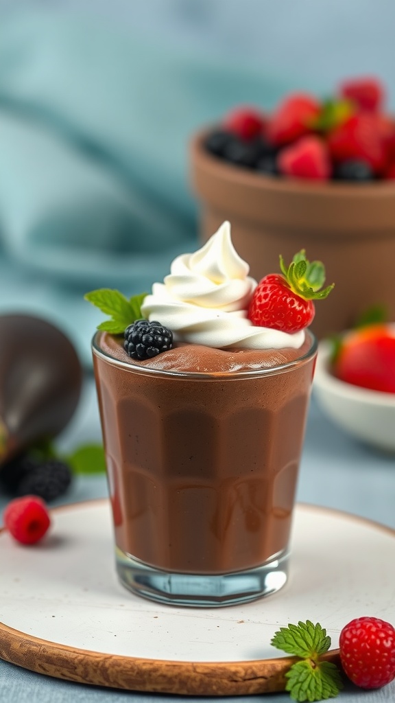 A glass of creamy chocolate avocado mousse topped with whipped cream and fresh berries