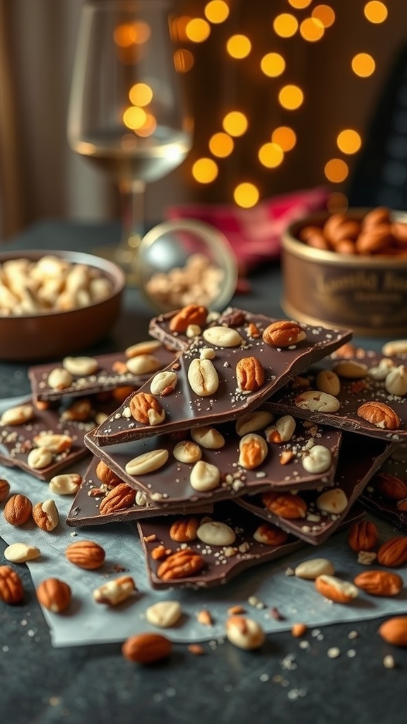 A stack of keto chocolate bark topped with nuts, surrounded by more nuts and a glass of white wine.