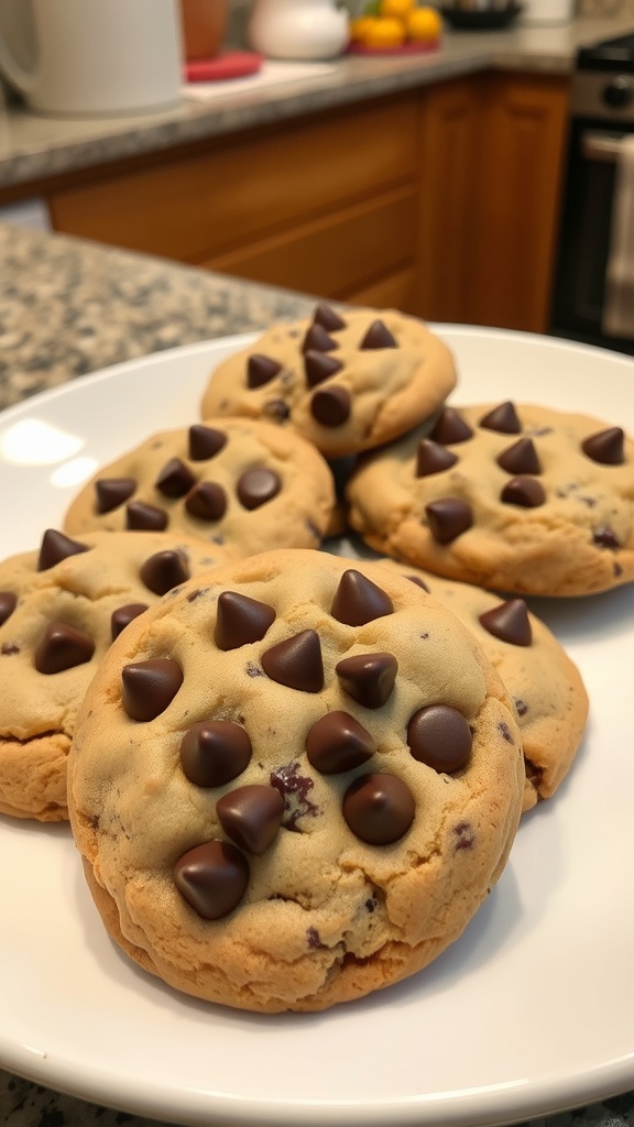 A close-up of freshly baked keto chocolate chip cookies on a white plate.