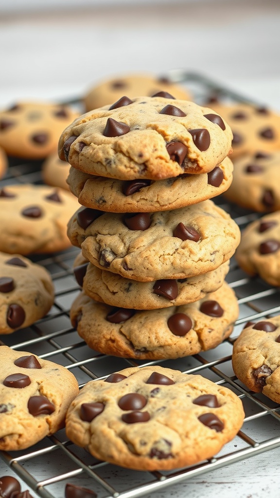 A stack of freshly baked keto chocolate chip cookies on a cooling rack.