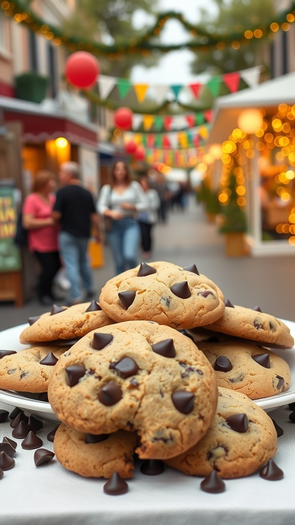 Plate of keto chocolate chip cookies with chocolate chips on top, set in a festive street festival atmosphere.