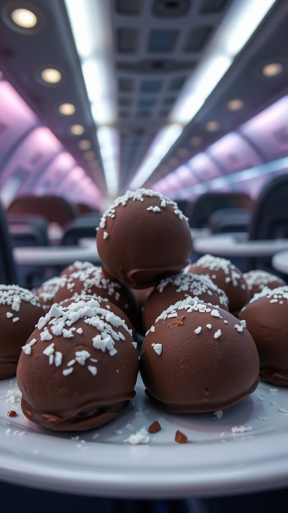 Plate of chocolate fat bombs with a blurred airplane interior in the background.