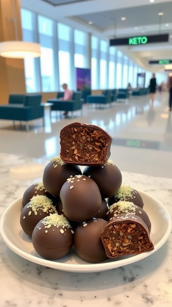 A plate of keto chocolate fat bombs in an airport terminal