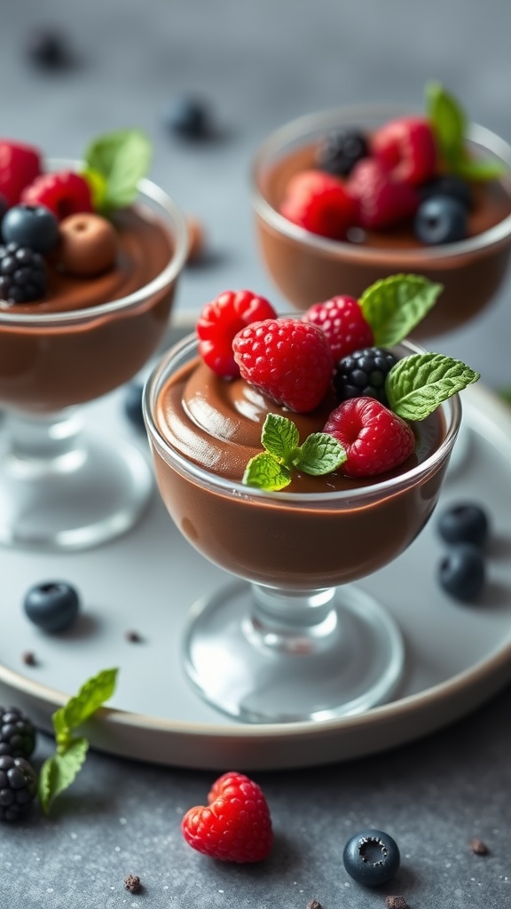 Delicious keto chocolate mousse topped with fresh berries and mint.