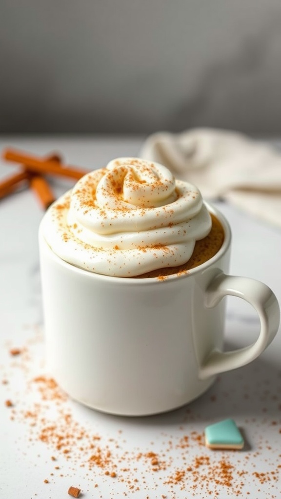 A delicious keto cinnamon roll mug cake topped with cream cheese frosting and sprinkled with cinnamon, served in a white mug.