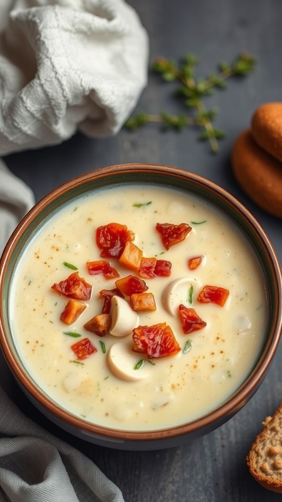 A bowl of creamy keto clam chowder topped with bacon and herbs.