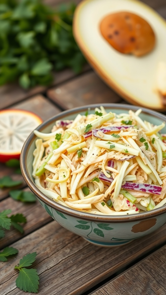 A bowl of keto coleslaw with shredded cabbage and colorful vegetables on a wooden surface.