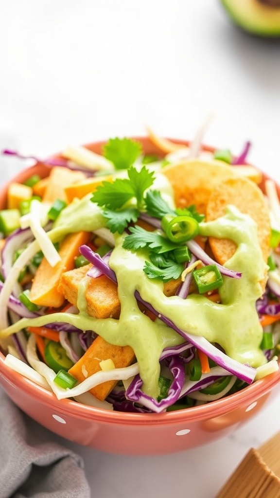 A colorful bowl of coleslaw with avocado dressing, featuring shredded cabbage, red bell peppers, and avocado pieces.