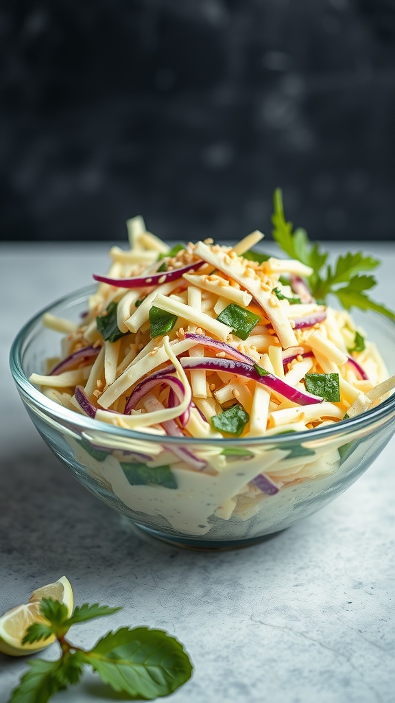 A bowl of colorful coleslaw with creamy dressing, set outdoors.