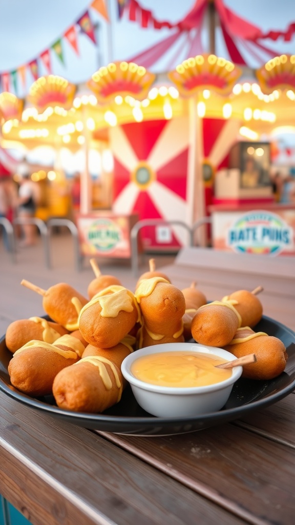 A plate of keto corn dog bites with mustard and a colorful fair background.