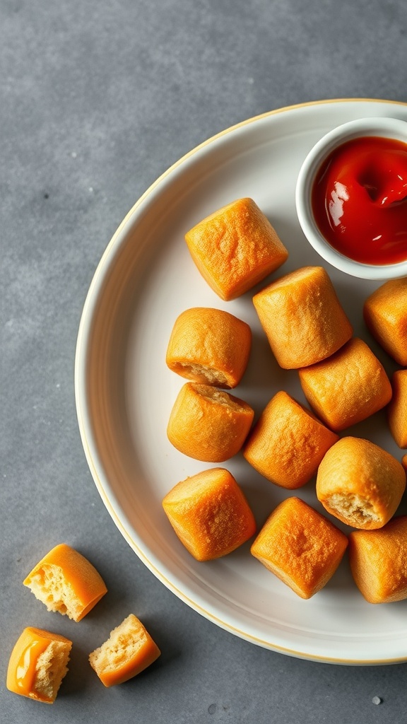 Plate of Keto Corn Dog Bites with a small bowl of ketchup