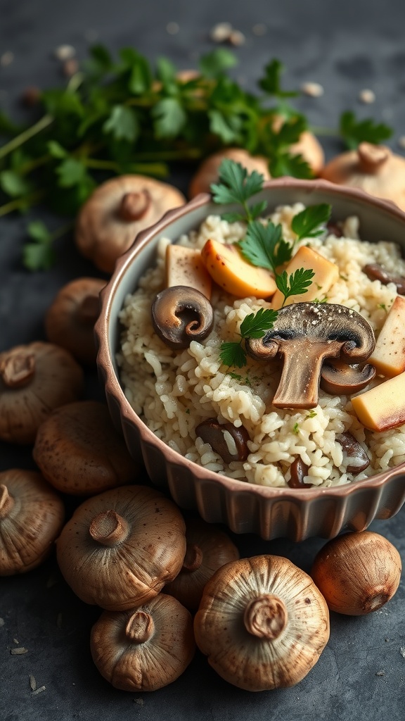 Bowl of creamy mushroom risotto with fresh mushrooms and parsley on a dark background.