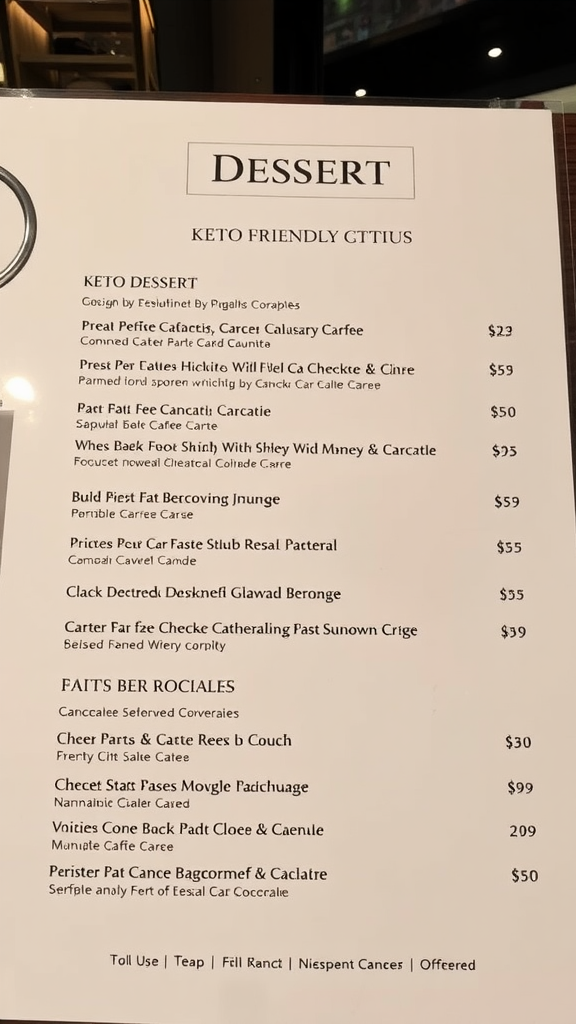 Keto dessert menu featuring sugar-free cheesecake and other options.