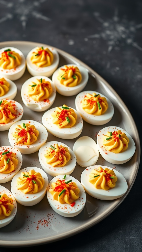 A platter of beautifully garnished keto deviled eggs with paprika and chives.