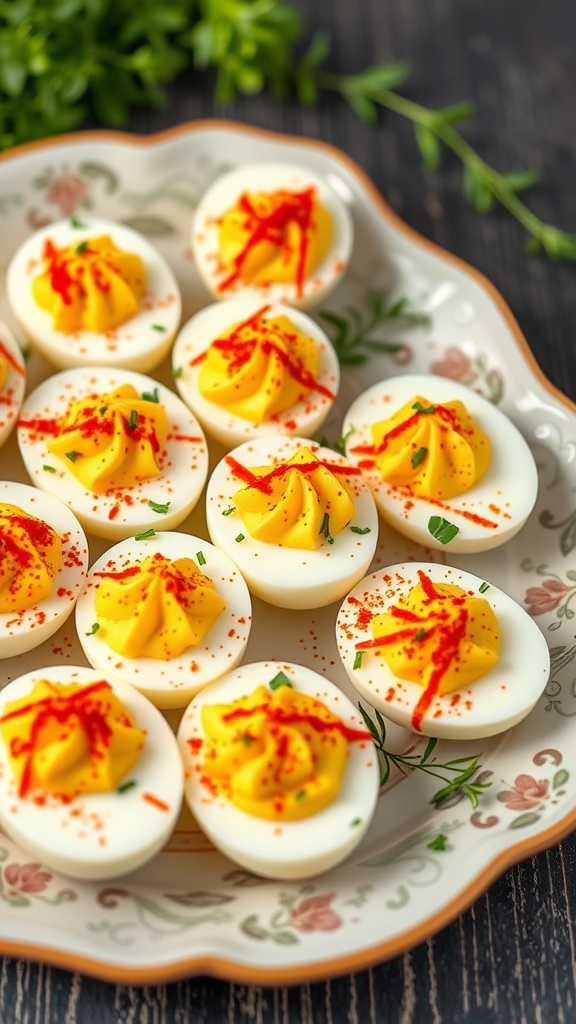 A plate of beautifully arranged keto deviled eggs topped with paprika and herbs.