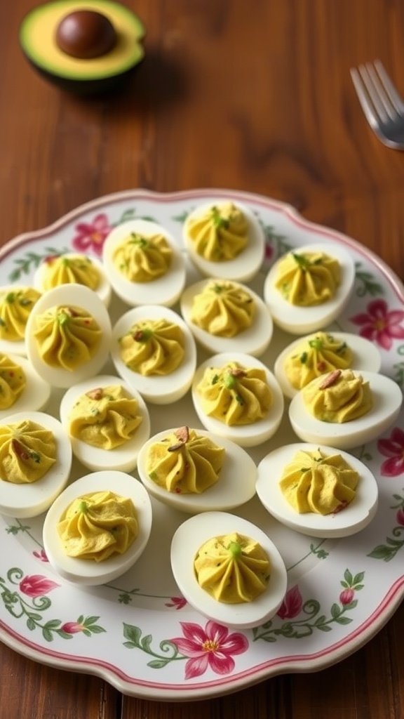 A plate of keto deviled eggs with avocado, beautifully garnished.